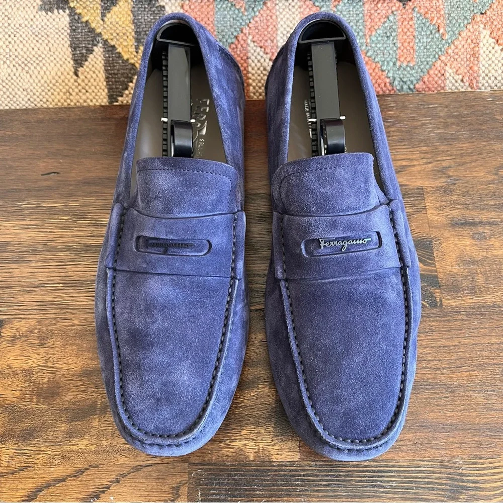 Salvatore Ferragamo NEWTON Blue Suede Driving Loafers US9 E (Display Shoes)